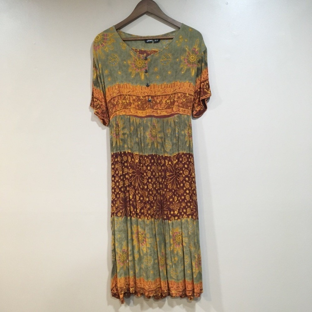 Vtg Whistles Boho Floral Midi Dress Womens M Green Orange Hippie Earthy Art FLAW